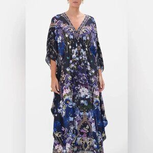 Camilla Gathered Waist Kaftan In Obsidian Bloom 100% Silk NWT O/S